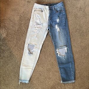 Fashion Nova Two-Tone Distressed Skinny Jeans - Blue and Cream